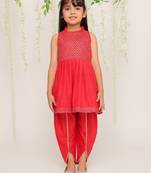 Red embroidered silk peplum kurti and dhoti for girls