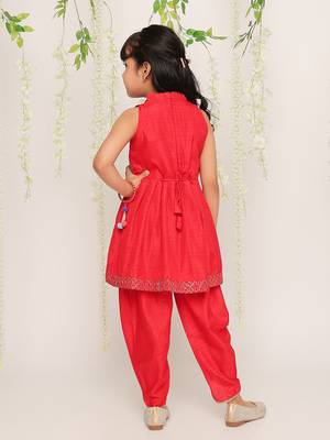 Red embroidered silk peplum kurti and dhoti for girls 2