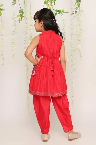 Red embroidered silk peplum kurti and dhoti for girls