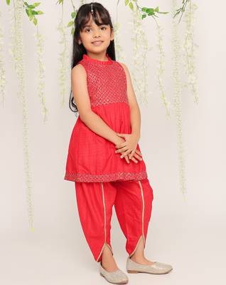 Red embroidered silk peplum kurti and dhoti for girls 3
