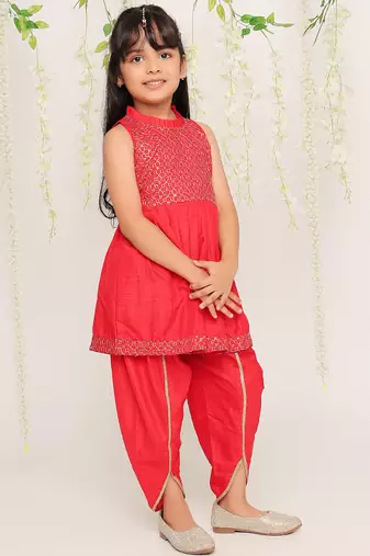 Red embroidered silk peplum kurti and dhoti for girls