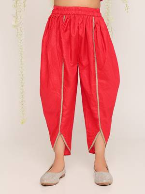 Red embroidered silk peplum kurti and dhoti for girls 5