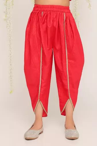 Red embroidered silk peplum kurti and dhoti for girls