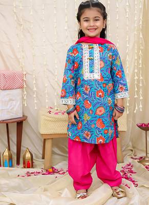 Blue printed cotton kurti and salwar with dupatta for girls 1
