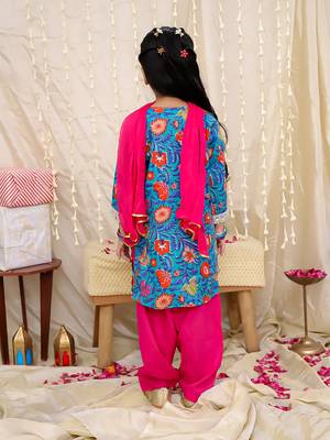 Blue printed cotton kurti and salwar with dupatta for girls 2