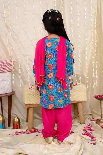 Blue printed cotton kurti and salwar with dupatta for girls