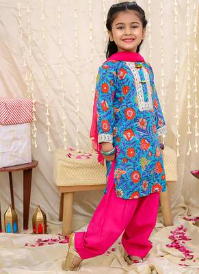 Blue printed cotton kurti and salwar with dupatta for girls 3