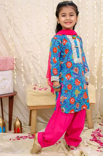 Blue printed cotton kurti and salwar with dupatta for girls