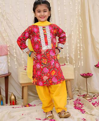 Red printed cotton kurti and salwar with dupatta for girls 1