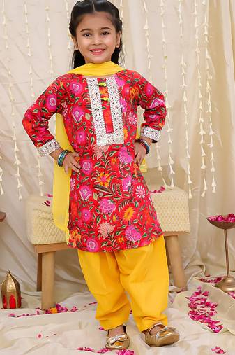 Red printed cotton kurti and salwar with dupatta for girls