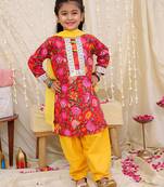 Red printed cotton kurti and salwar with dupatta for girls