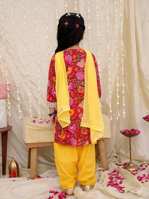 Red printed cotton kurti and salwar with dupatta for girls 2