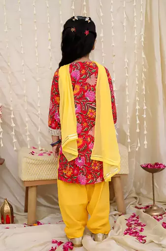 Red printed cotton kurti and salwar with dupatta for girls