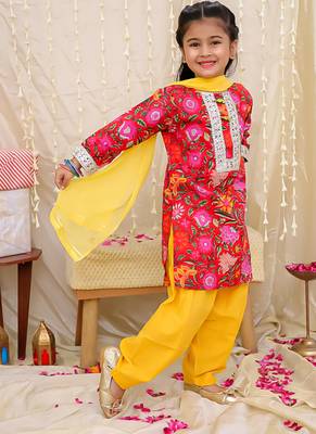 Red printed cotton kurti and salwar with dupatta for girls 3