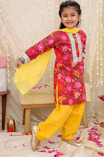 Red printed cotton kurti and salwar with dupatta for girls