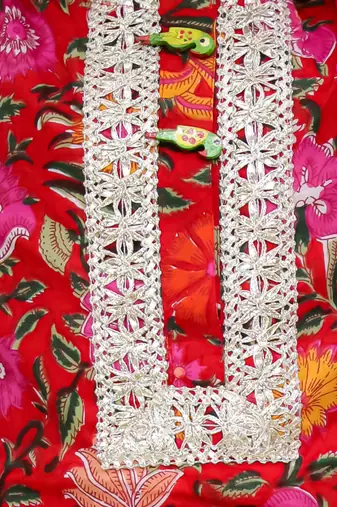 Red printed cotton kurti and salwar with dupatta for girls