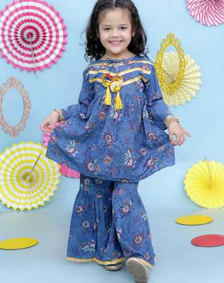 Blue printed cotton kurti and sharara for girls 1