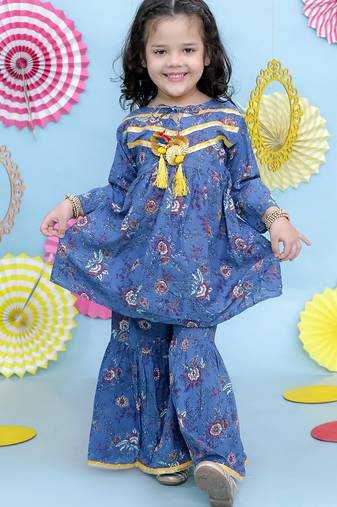 Blue printed cotton kurti and sharara for girls