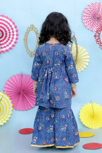 Blue printed cotton kurti and sharara for girls