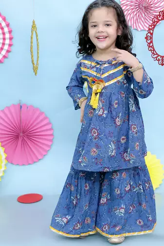 Blue printed cotton kurti and sharara for girls
