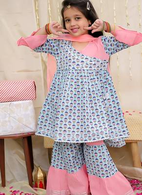 Turquoise printed cotton kurti and sharara for girls 1