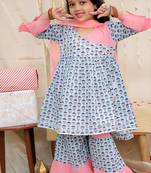 Turquoise printed cotton kurti and sharara for girls