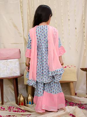 Turquoise printed cotton kurti and sharara for girls 2
