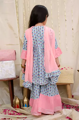 Turquoise printed cotton kurti and sharara for girls