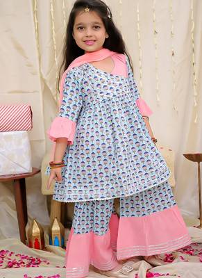 Turquoise printed cotton kurti and sharara for girls 3