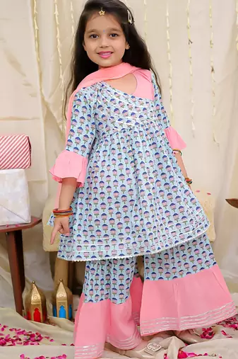 Turquoise printed cotton kurti and sharara for girls