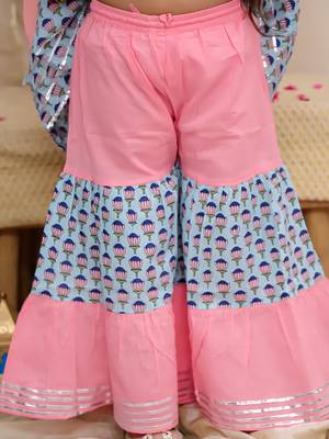 Turquoise printed cotton kurti and sharara for girls 5