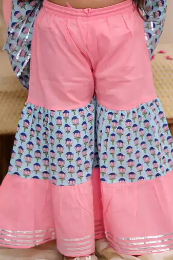 Turquoise printed cotton kurti and sharara for girls