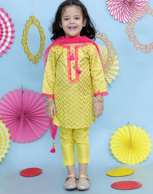 Yellow printed cotton silk kurti pants and dupatta for girls 1