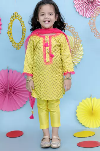 Yellow printed cotton silk kurti pants and dupatta for girls
