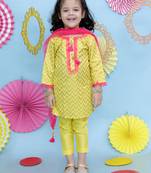 Yellow printed cotton silk kurti pants and dupatta for girls