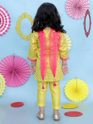 Yellow printed cotton silk kurti pants and dupatta for girls 2