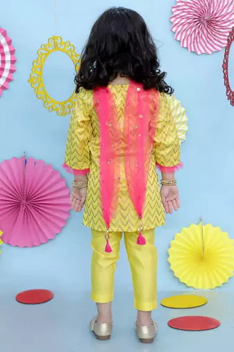 Yellow printed cotton silk kurti pants and dupatta for girls