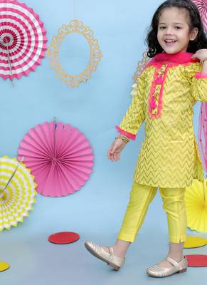 Yellow printed cotton silk kurti pants and dupatta for girls 3