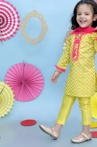 Yellow printed cotton silk kurti pants and dupatta for girls