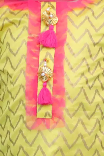 Yellow printed cotton silk kurti pants and dupatta for girls