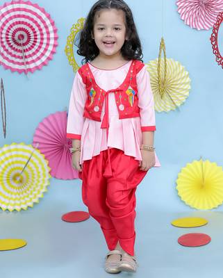 Red embroidered silk top with dhoti for girls 1