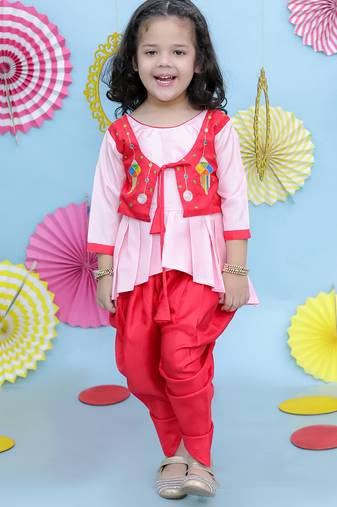 Red embroidered silk top with dhoti for girls