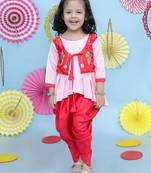 Red embroidered silk top with dhoti for girls
