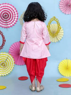 Red embroidered silk top with dhoti for girls 2