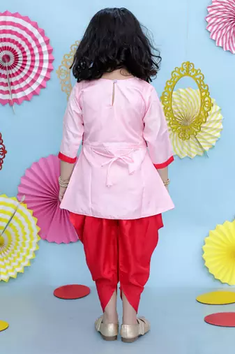 Red embroidered silk top with dhoti for girls