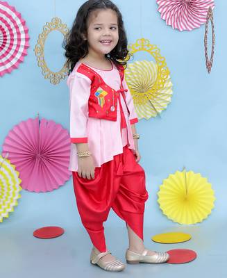 Red embroidered silk top with dhoti for girls 3