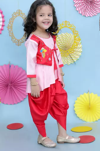 Red embroidered silk top with dhoti for girls