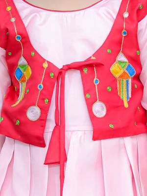 Red embroidered silk top with dhoti for girls 4