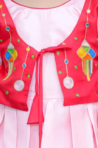 Red embroidered silk top with dhoti for girls