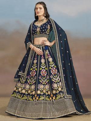 Enchanting Navy Blue Sequins, Zari, Dori and Multi Color Thread Embroidered georgette indian designer wedding lehenga 1